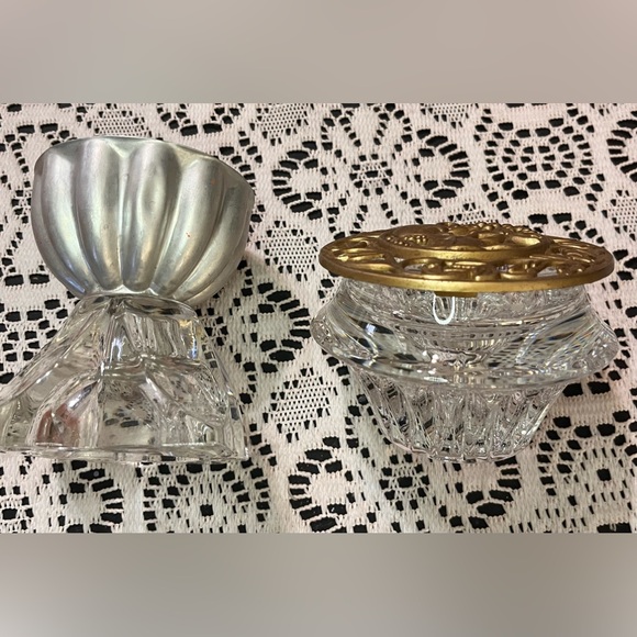 Vintage mismatched crystal taper candlestick holders brass topper & jello mold - Picture 2 of 15